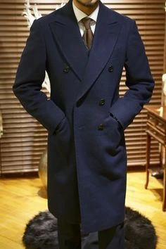 blue double breated peak label overcoat
